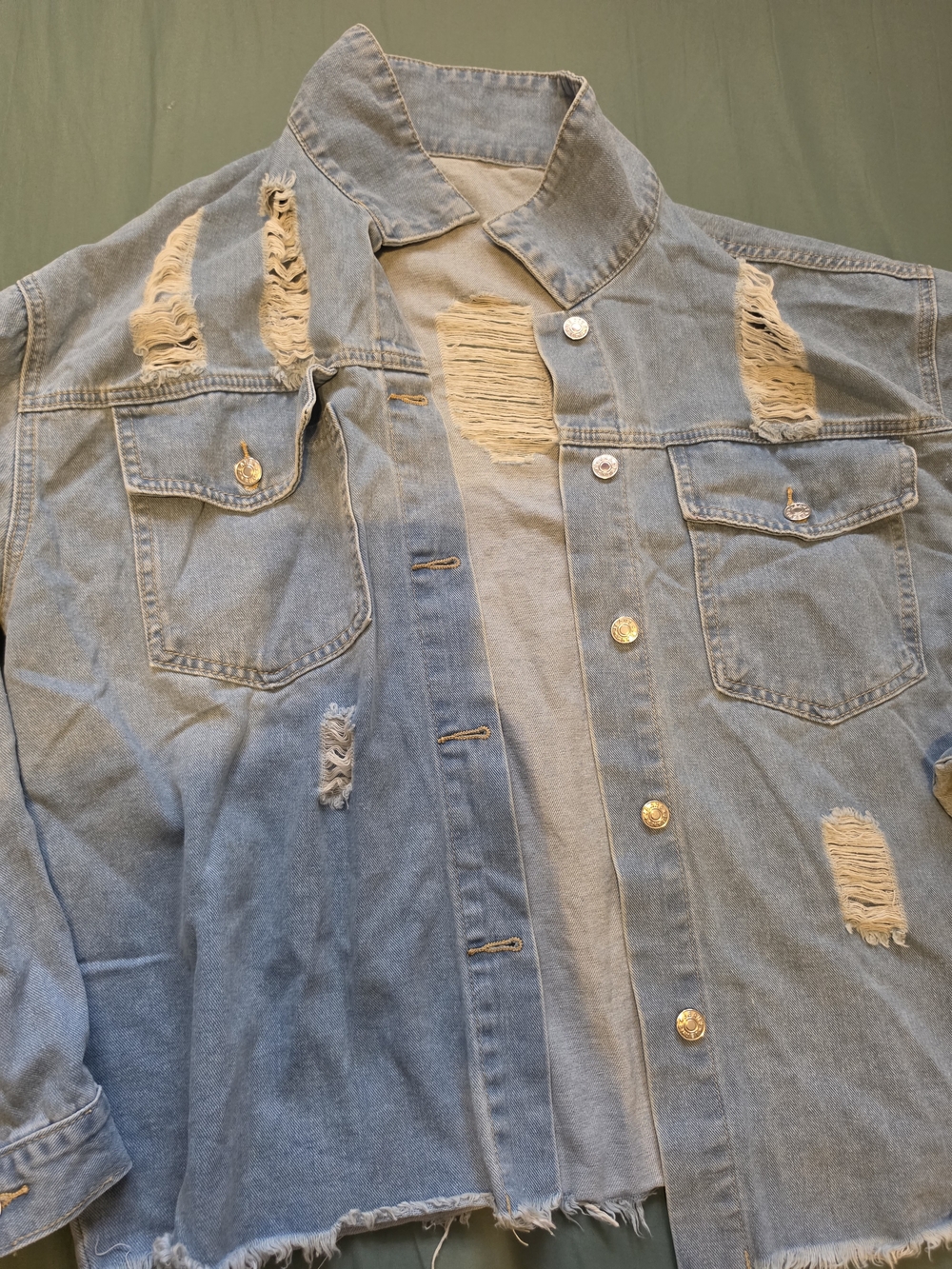 SHEIN Light Blue Distressed Denim Button-Up Shirt Jacket - Picture 2 of 3